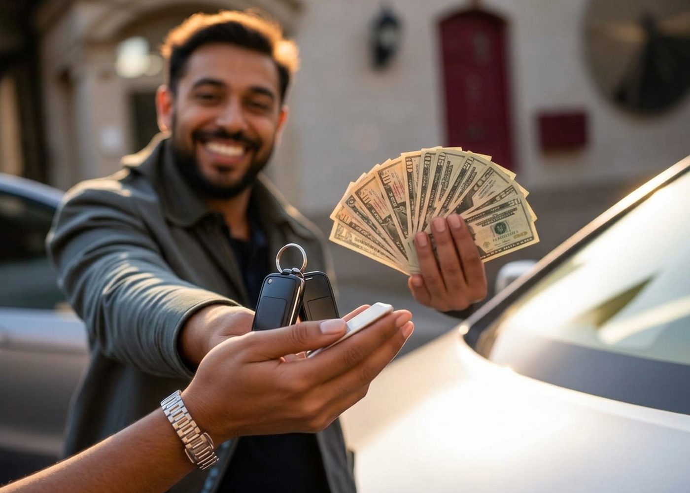 Driver reviewing car title loan paperwork beside their vehicle